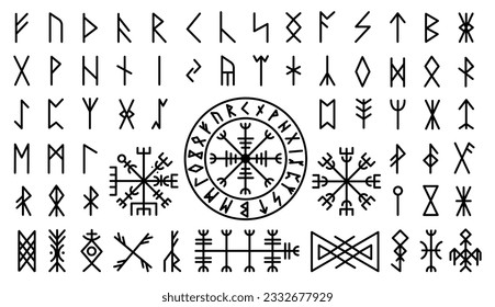 Futhark viking norse. Icelandic mystery collection protection symbol and runes. Magic nordic ancient elements, celtic mythology decent vector set