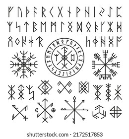 Futhark viking norse. Runic design icons, old mystery sign. Magic ancient symbols for game or tattoo. Nordic mythology, celtic tidy vector collection