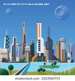 futiristic city, cartoon flat vector illustration