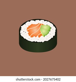 Futomaki illustration vector, stock vector illustration of a sushi futomaki, sushi roll, kelp, salmon, avocado and rice on brown background