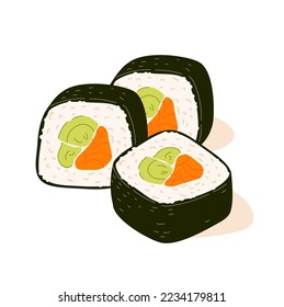 Futomaki, a large roll, rice with stuffing wrapped in nori. A dish of Asian cuisine. Vector illustration.

