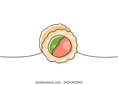 Futomaki one line colored continuous drawing. Japanese cuisine, traditional food continuous one line illustration. Vector linear illustration.