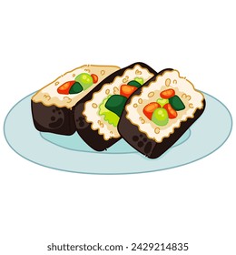 Futomaki sushi roll containing salmon meat, sweat pepper rice, caviar, avocado, cucumber on a white background. Japanese cuisine, traditional food icon. Vector illustration.