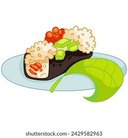 Futomaki sushi roll containing salmon meat, sweat pepper rice, caviar, avocado, cucumber on a white background. Japanese cuisine, traditional food icon. Vector illustration.