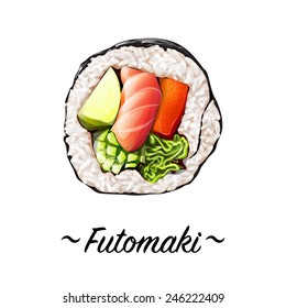 Futomaki sushi roll containing salmon meat, sweat pepper rice, caviar, avocado, cucumber on a white background. Japanese cuisine, traditional food icon. Pixel perfect isolated vector illustration