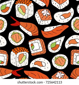 Futomaki sushi roll containing salmon meat. Doodle. Design icon, print, logo, poster, symbol, decor, textile, paper.