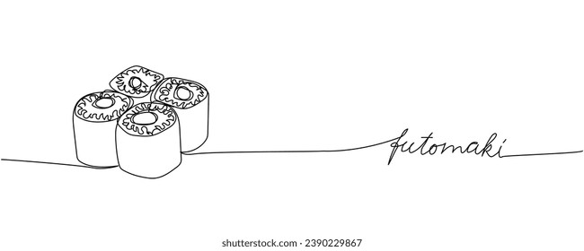 futomaki, Sushi roll one line art. Continuous line drawing of sushi, japanese, food, roll, culture, tasty, restaurant, japan, asian, sea, menu with inscription, lettering, handwritten.