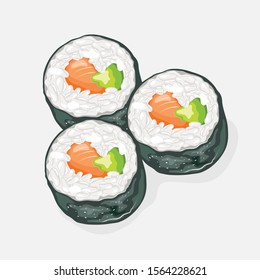 Futomaki Sushi Rolls With Vinegared Rice, Lox, Avocado, Cucumber Wrapped Around With Strip Of Nori Seaweed. Asian Seafood, Snack. Vector Realistic Illustration Isolated On White Background.