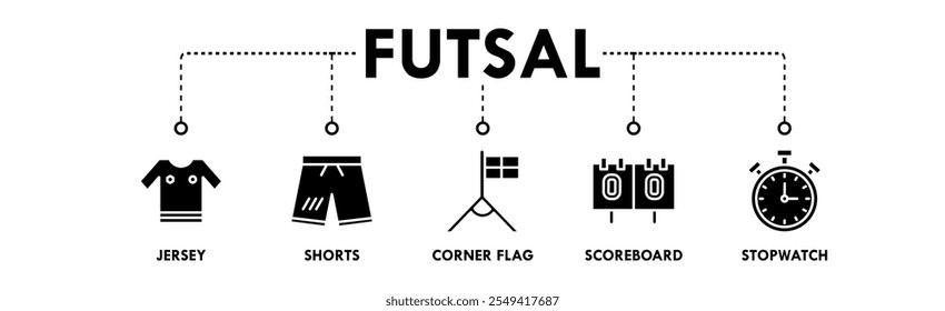 Concepto de Ilustración vectorial de ícono de Web de Anuncio de fútbol sala con ícono de jersey, pantalones cortos, bandera de esquina, marcador y cronómetro