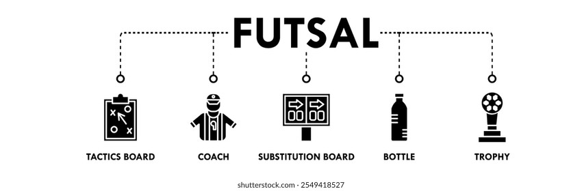 Futsal banner web icon vector illustration concept with icon of tactics board, coach, substitution board, bottle, and trophy