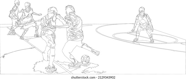 futsal competition one on one guard in vector line art