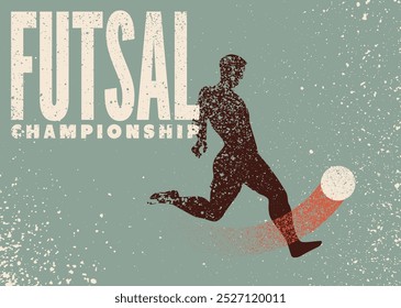 Futsal Mini football championship typographical vintage grunge style poster design with player silhouette. Retro vector illustration.