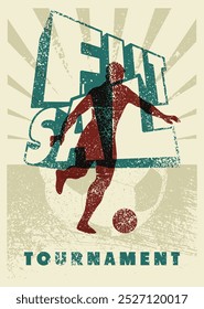 Futsal Mini torneio de futebol tipográfico vintage grunge estilo cartaz design com o jogador silhueta e bola. Ilustração de vetor retrô.