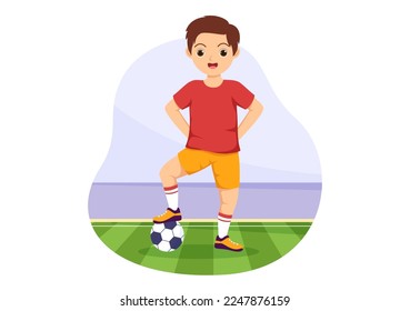 Futsal, Soccer or Football Sport Illustration with Kids Players Shooting a Ball and Dribble in a Championship Sports Flat Cartoon Hand Drawn Templates