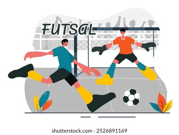 Futsal, Soccer, or Football Vector Illustration Featuring Players Shooting and Dribbling the Ball in a Championship Sports Scene with a Background