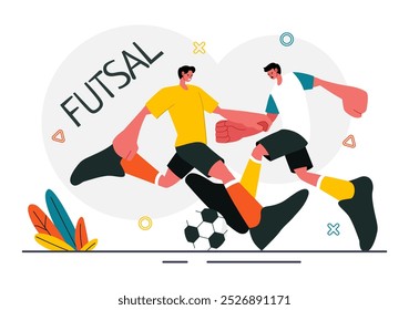 Futsal, Soccer, or Football Vector Illustration Featuring Players Shooting and Dribbling the Ball in a Championship Sports Scene with a Background