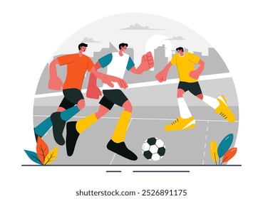 Futsal, Soccer, or Football Vector Illustration Featuring Players Shooting and Dribbling the Ball in a Championship Sports Scene with a Background