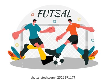 Futsal, Soccer, or Football Vector Illustration Featuring Players Shooting and Dribbling the Ball in a Championship Sports Scene with a Background