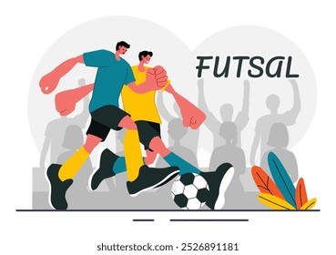 Futsal, Soccer, or Football Vector Illustration Featuring Players Shooting and Dribbling the Ball in a Championship Sports Scene with a Background