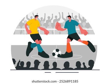 Futsal, Soccer, or Football Vector Illustration Featuring Players Shooting and Dribbling the Ball in a Championship Sports Scene with a Background