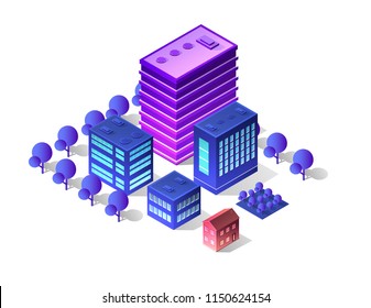 Future 3d futuristic isometric city from smart business technology, digital modern concept background, street design building on an urban house of cityscape.