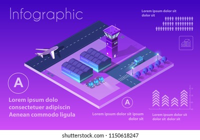 Future 3d isometric airport runway airport airline terminal with aircraft aviation plane transport from smart business technology, digital modern concept background.