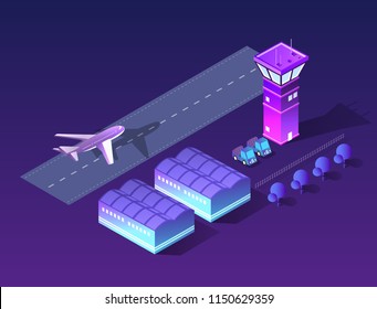 Future 3d isometric airport runway airport airline terminal with aircraft aviation plane transport from smart business technology, digital modern concept background.