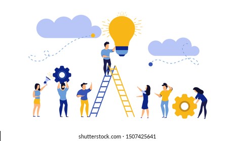 Future ahead with man, woman and light bulb vector concept illustration. Business ladder career job challenge. Journey beginning achievement change opportunity. Objective direction forward vision way