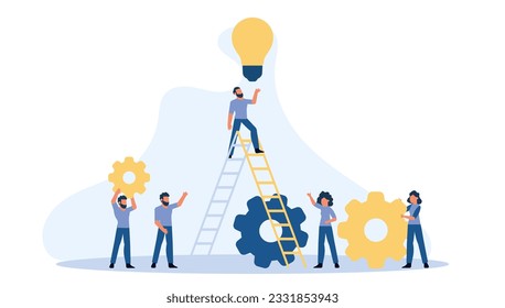 Future ahead with man, woman and light bulb vector concept illustration. Business ladder career job challenge. Journey beginning achievement change opportunity. Objective direction forward vision way