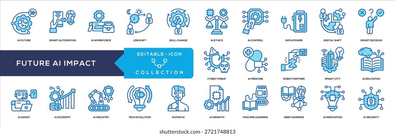 Coleção de Ícones Azuis de Impacto de IA Futuro. Contendo automação inteligente, força de trabalho de ai, mudança de cargo, mudança de habilidades, ética de ai, controle de ai, potência de dados, mudança digital