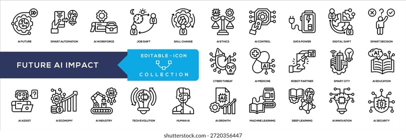 Coleção de Ícones da Linha de Impacto da IA Futura. Contendo automação inteligente, força de trabalho de ai, mudança de cargo, mudança de habilidades, ética de ai, controle de ai, potência de dados, mudança digital, decisão inteligente