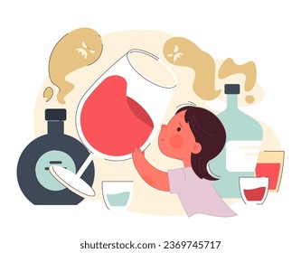 Future alcohol abuse of neglected child. Traumatizing childhood experience. Absence and uninvolvement of dad, lack of parental interest to a child. Flat vector illustration