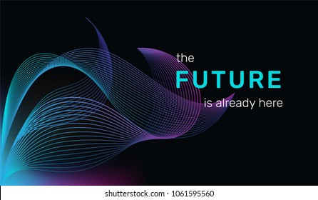 The future is already here concept line vector illustration of gradient lines in minimalist style on dark background. Abstract gradient design with bright curves and swirls for web banner and branding