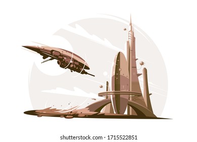 Future architecture and spaceship in air vector illustration. Futuristic skyscraper flat style. Technology and development concept. Isolated on white background