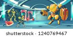 Future army forces repel enemy attack on starship, space pirates storming secret science laboratory cartoon vector with soldier in exoskeleton armor and battle droid firing in enemy robot illustration