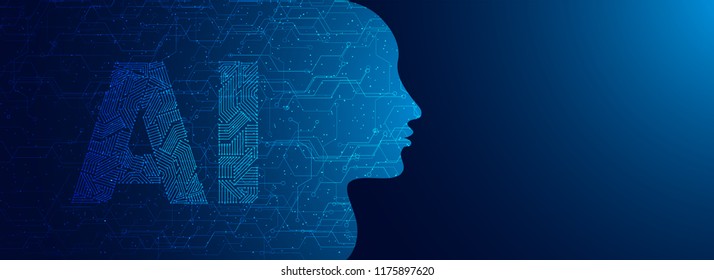 Future Of Artificial Intelligence (AI), Human Face With AI Text Made By Digital Circuit On Blue Background For Web Banner Design.