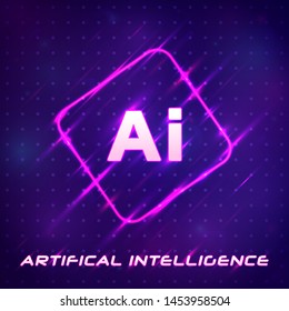 Future of Artificial Intelligence AI. Neural networks modern AI technologies concepts. Digital information. Web banner. Letter Neon light.