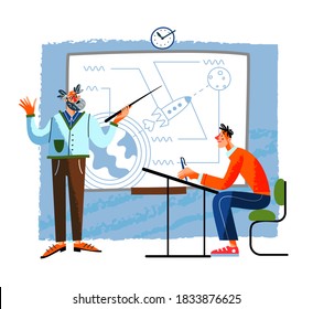 Future Astronaut Learning At Class. Man Teaching Astronomy And Cosmos, Teen In Training For Space Mission To Moon Or Planet In Spaceship. Cosmic Travel Vector Illustration.