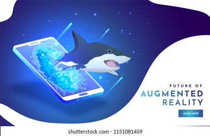 Future of Augmented Reality (AR), isometric illustration of Shark on smartphone screen on shiny blue background. Responsive landing page design.