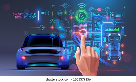 Future automotive smart vehicles intelligent system concept. Computer virtual diagnostic interface of autonomous car. Data about security, technical state, gps, battery charge on hud dashboard. IOT.