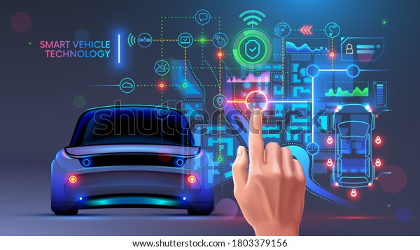 Future automotive smart vehicles intelligent system
concept. Computer virtual diagnostic interface of autonomous car.
Data about security, technical state, gps, battery charge on hud
dashboard. IOT.