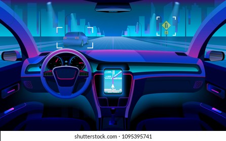 Future Autonomous Vehicle, Driverless Car Interior With Obstacles And Night Landscape Outside. Futuristic Car Assistant Vector Concept. Sensor System Driver Navigation For Vehicle Illustration