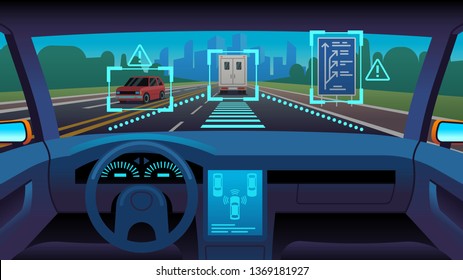 Future Autonomous Vehicle. Driverless Car Interior Futuristic Autonomous Autopilot Sensor System Gps Road, Cartoon Vector Unmanned Transport Concept