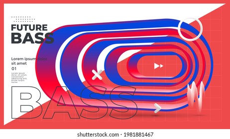 Future bass Electro music poster design. Club party flyer. Sound background with 3d futuristic object blue and red color. Vector