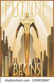 Future Begins Art Deco Style Flying Man Poster