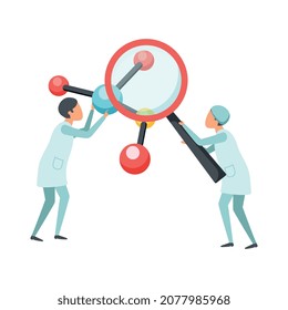 Futura biotecnología composición de iconos planos con personajes de científicos con vidrio manual e ilustración de vector molécula