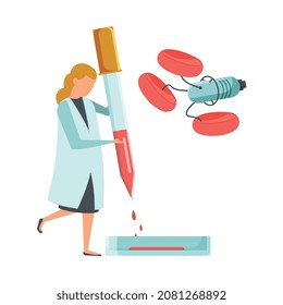 Future biotechnology flat icons composition with female scientist performing blood test vector illustration