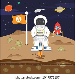 future of bitcoin cartoon flat Business concept. Astronauts are digging bitcoin on planets and space background. Searching for resources outside the world. Investing in digital currency. vector