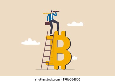 Future of bitcoin and cryptocurrency, investment opportunity or alternative financial asset concept, businessman investor climb up ladder on top of Bitcoin using spyglass telescope to see opportunity. svg