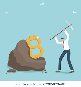 The future of bitcoin, hard work on the path to financial independence, ways to achieve wealth, growth and popularity of the cryptocurrency market, a man with a pickaxe extracts bitcoin from a rock.